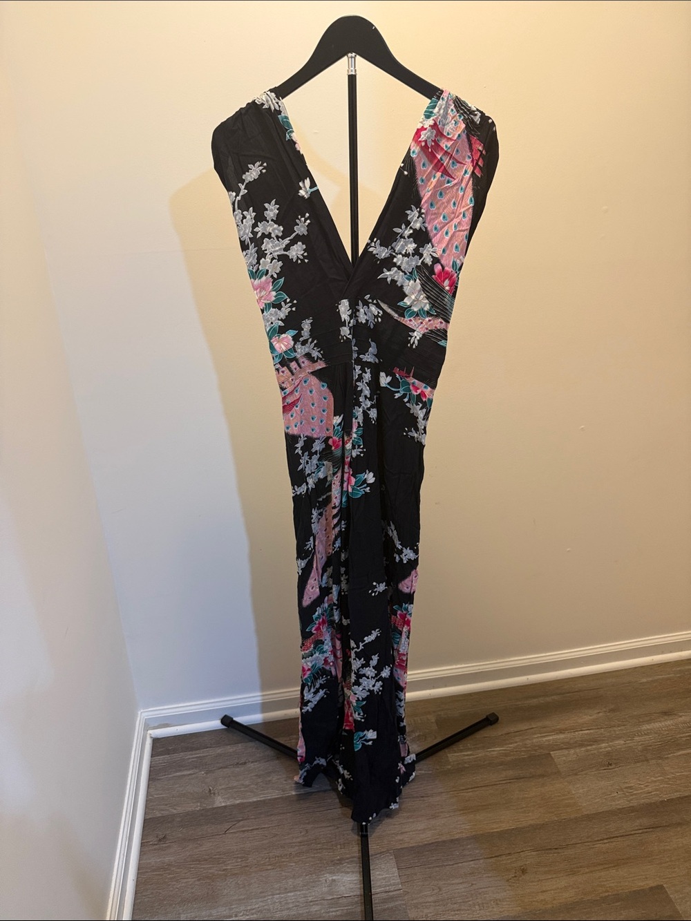 Black Floral & Pink Accent Maxi Dress - V-Neck Women’s Dress